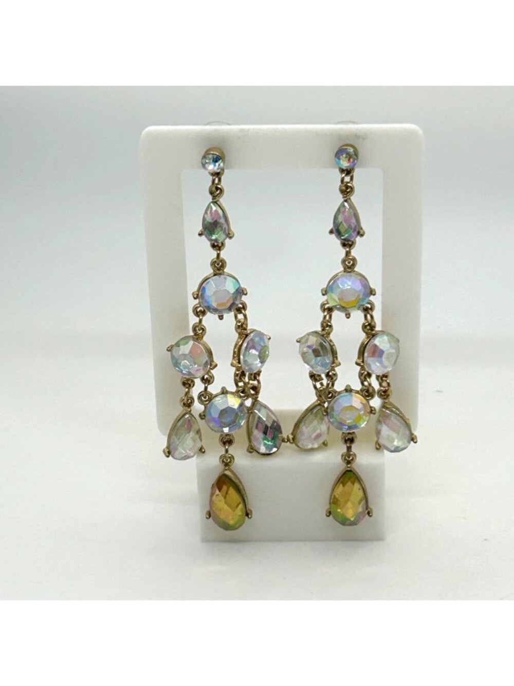 Vintage Gold Tone Aurora Borealis Earrings Acrylic Rhinestone Chandelier Dangle - Picture 4 of 10